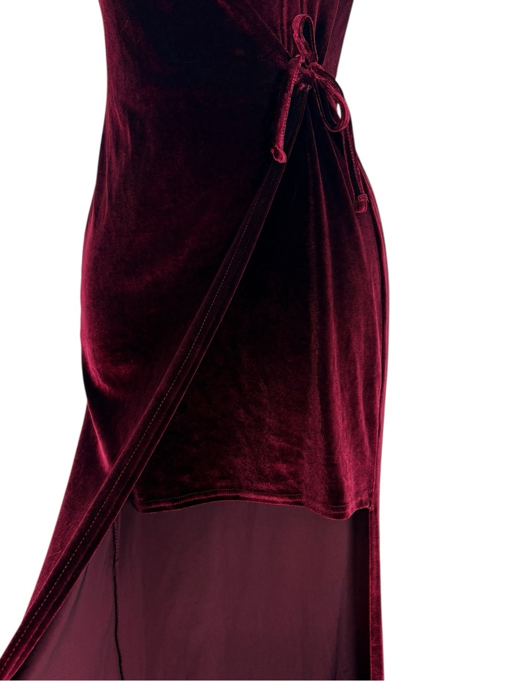 Missguided Burgundy Velvet Faux Wrap Maxi Dress High Slit Spaghetti Strap US 4 - Picture 5 of 13